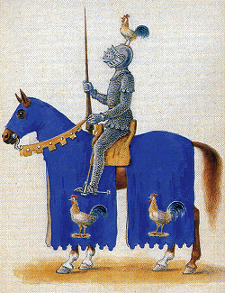 Cavaliere con la celata abbassata raffigurante la Contrada del Gallo
