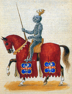 Cavaliere con la celata abbassata raffigurante la Contrada del Leone